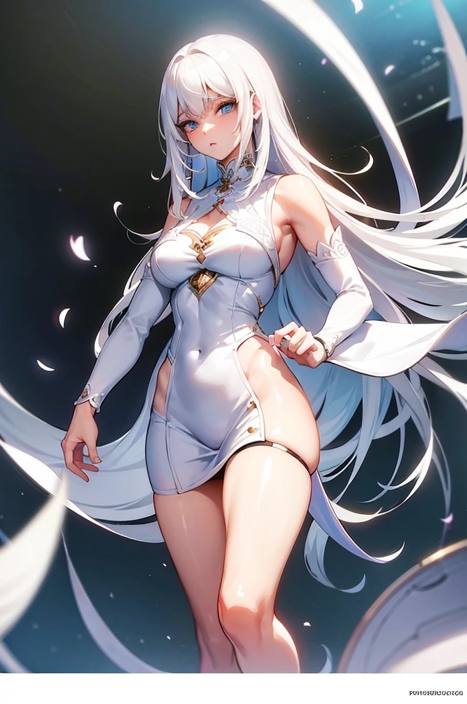 Create a very beautiful character, tall white hair, make her sexy with provocative clothes and, blue colored eyes