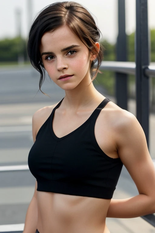 Emma watson cute with (beautiful body) (skinny)( black hair ) (cute and sensual face)(beautiful hair)(model with cute eyes)(clear skin)(with sports clothes)(Beautiful face) beautiful face