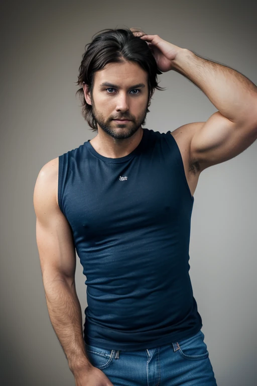 35 year-old Male, white male, tanned skin, handsome, black hair,  and stubble beard, deep blue eyes,  muscular body and thin, wearing a sleeveless t-shirt and jeans, straight nose, oval face, canadian, his hair is below his ears, tousled messy hair badass