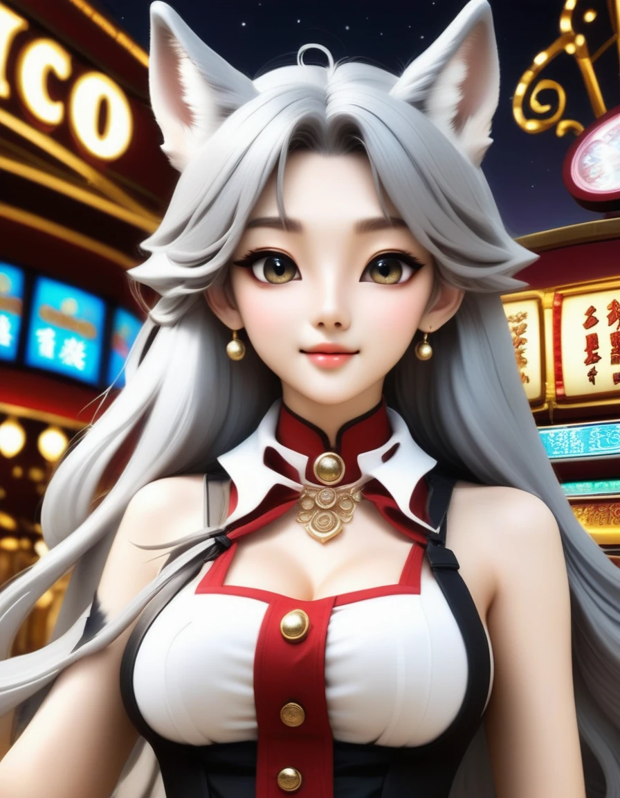 Cowboy Shot、A human-wolf hybrid girl、(Beautiful detailed wolf face: 1.8)、Long grey hair、Beautiful detailed skin、Slim fit body、Large Breasts、Six Pack Abs、Bunny Girl Costume、Bunny ears、Raise two hands to show armpits、Casino Background、 Detailed eyes、Detailed face、gorgeous、elegant、Impression