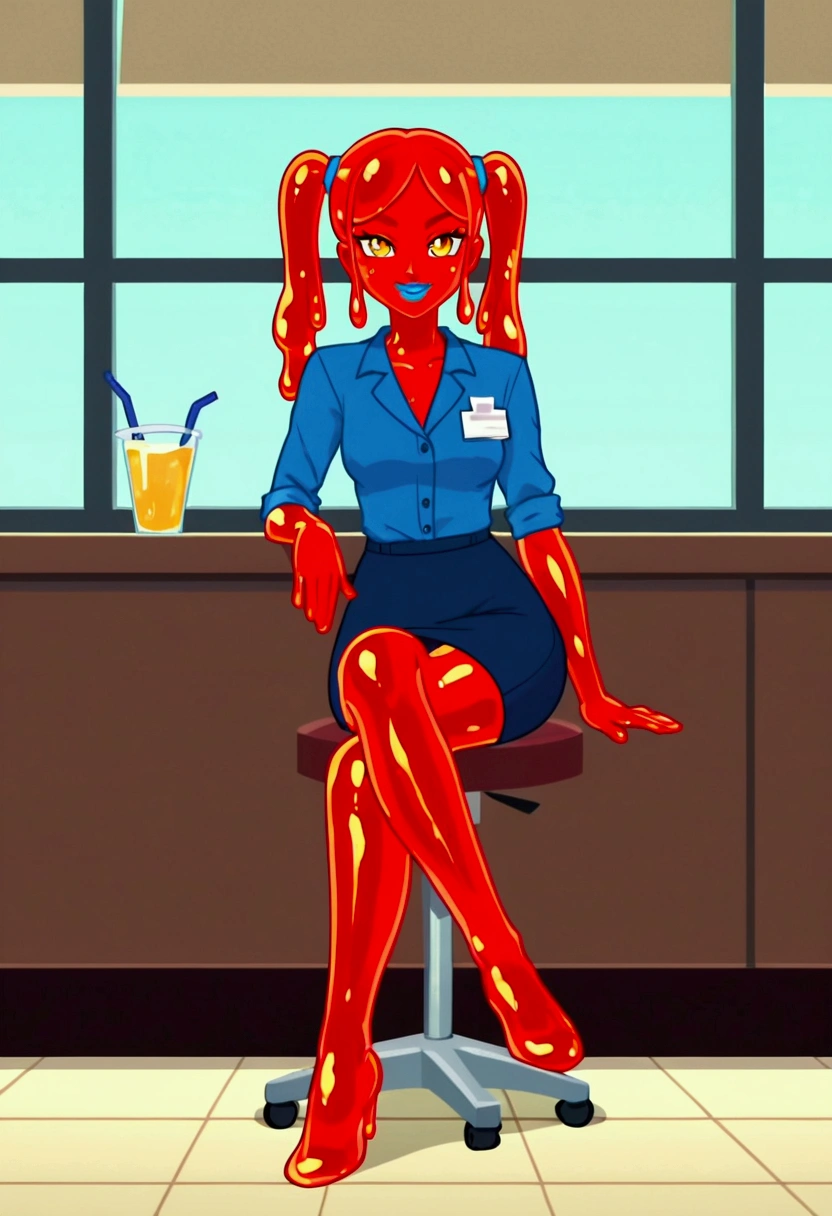 score_9, score_8_up, score_7_up, score_6_up, BREAK source_anime, A cute and tender slime girl sitting in a cafe, (alone), Redskin, full lips, pigtails on the sides, Red hair, yellow eyes, blue painted lips, smirk, office worker clothes, crossed legs, anime screencap, erotic body, posing, full body shot, slime girl, slimegirlsupremacy, slimegirlsfw