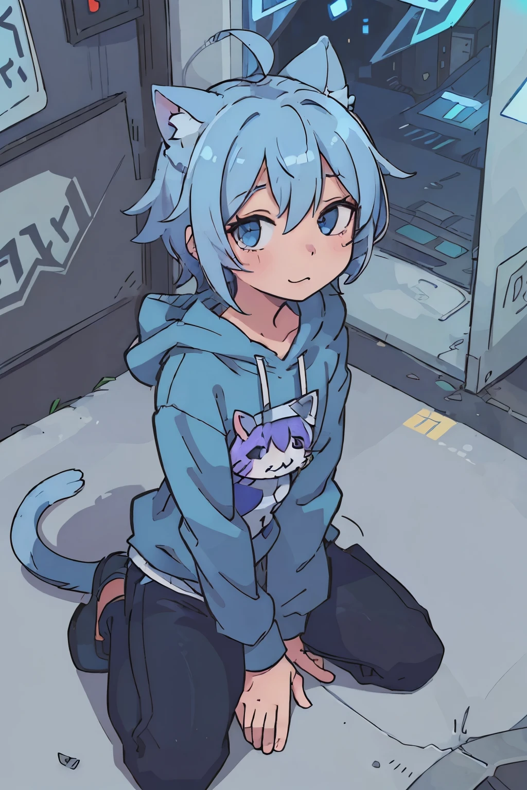 (best quality:0.8) perfect anime illustration, a pretty, happy man with short blue light hair and cat ear on the street in the city, waring hoodie,black jeans