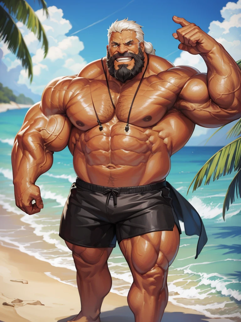 1boy, 1man, solo. beach, extremely huge muscular, massive muscular, full-body , (topless, shirtless, shorts), well-muscled old man. ((extremely muscle size, super thick arms, huge pec, extremely wide pectoral , huge arms)), wide smiling. Add textures and details to make the image more realistic, such as the appearance of the. Make sure the resulting image is high resolution, 8K quality