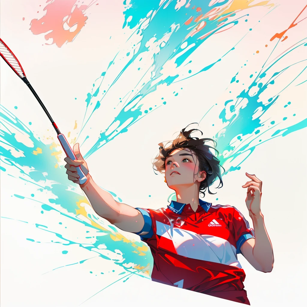 (best quality：1.4)，（Best results：1.4），（Ultra-clear picture quality：1.4），（Ultra-sharp details：1.2），Badminton player catching the ball，Wearing red badminton uniform，Pure color design background,masterpiece, best quality, (Extremely detailed CG unity 8k wallpaper), (best quality), (Best Illustration), (Best shadow), absurd, Realistic lighting, (abyss), Beautiful and delicate light, Artworks by Peter Mohr Bacher,