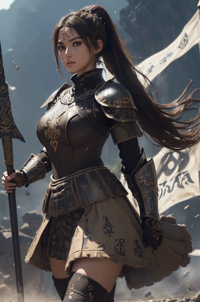 very very beautiful woman、very tall woman、((Logic))、(face detailed)、realisitic Skin、((Knattas of the Earth)), (((Light brown and black armor:1.25)))、((((非常に繊細で装飾が施されたLight brown and black armor))))、((delicate photo)),(Asstepeace girl RAW photo details:1.25), (highest quallity:1.6), (ultra-high resolution:1.5), (realisitic:1.75), 8K resolution, Canon EOS R5, 50mm, absurdrez, super verbose,Cinema lighting,Battlefields of Medieval Europe、((fight))、rpg world、final-fantasy、(((Decorative skirt)))、thigh high socks、tiling、natta、((((Messy High Ponytail with Center Part))))、((Get a torn package of seanto、((beautiful armor))、(((Huge weapons)))、In combat、the wind is blowing、(((Leading a large group of knattas:1.3)))、(((Knatta Commander)))、(flag)、Monkey coat of arms、(((The main color is light brown)))、(((black tribal tattoos)))、dust、(((vestindo pele)))、(rocky area)、(((battle scenes)))