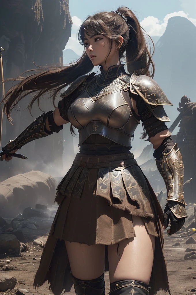 very very beautiful woman、very tall woman、((Logic))、(face detailed)、realisitic Skin、((Knattas of the Earth)), (((Light brown and black armor:1.25)))、((((非常に繊細で装飾が施されたLight brown and black armor))))、((delicate photo))，(Asstepeace girl RAW photo details:1.25), (highest quallity:1.6), (ultra-high resolution:1.5), (realisitic:1.75), 8K resolution, Canon EOS R5, 50mm, absurdrez, super verbose,Cinema lighting,Battlefields of Medieval Europe、((fight))、rpg world、final-fantasy、(((Decorative skirt)))、thigh high socks、tiling、natta、((((Messy High Ponytail with Center Part))))、((Get a torn package of seanto、((beautiful armor))、(((Huge weapons)))、In combat、the wind is blowing、(((Leading a large group of knattas:1.3)))、(((Knatta Commander)))、(flag)、Monkey coat of arms、(((The main color is light brown)))、(((black tribal tattoos)))、dust、(((vestindo pele)))、(rocky area)、(((battle scenes)))