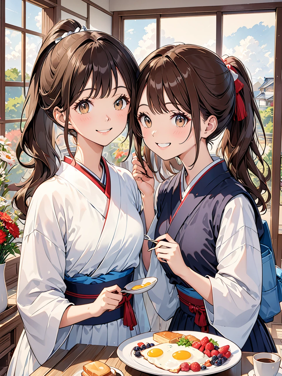 Highest quality, Highest quality, 16K, Unbelievably absurd, Very detailed, 2.5D, delicate and dynamic,Japanese women,18-year-old,cute,university student,one piece,ponytail,Brown Hair,Shiny Hair,smile,Wink,Inside the house,breakfast
