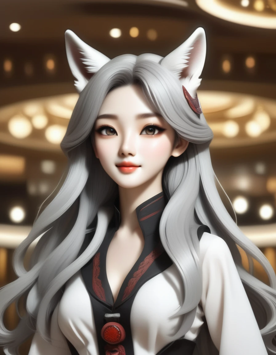 Cowboy Shot、A human-wolf hybrid girl、(Beautiful detailed wolf face: 1.8)、beard、Long grey hair、Beautiful detailed skin、Slim fit body、Large Breasts、Six Pack Abs、Bunny Girl Costume、Bunny ears、Raise two hands to show armpits、Casino Background、 (Highest quality、4K、8k、High Resolution、masterpiece:1.2)、Super detailed、(Real、Photorealistic、Photorealistic:1.37)、Detailed eyes、Detailed face、gorgeous、elegant、Impression
