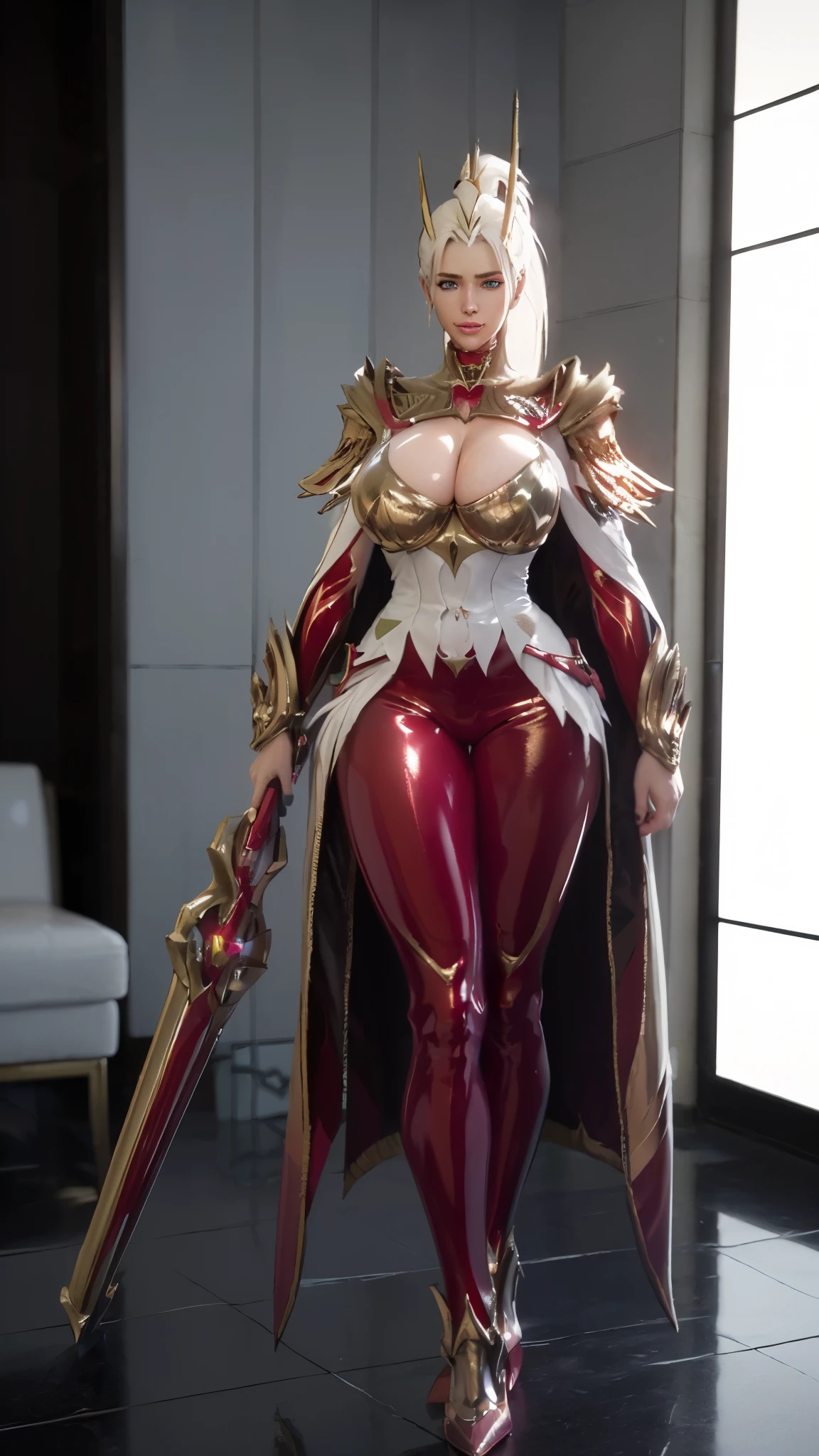 TEKKEN_REINA, CLOSE UP UPPER BODY,SOLO, COWBOY SHOT, ((EVIL DRAGON HORN MECHA,WHITE HIGHT PONYTAIL HAIR)), (GIGANTIC FAKE BREASTS,CLEAVAGE TOP,11 LINE ABS:1.5), ((WEARING OUTFIT MECHA GOLDEN CRIMSON DARK EVIL DRAGONOID ARMORED, LONG CAPE, SKINTIGHT PANTS:1.5)), (MUSCULAR BODY SHAPE:1.5), (CLEAN GLOSSY BODYSKIN:1.5), (LOOKING AT VIEWER:1.6), (BACKGROUND FUTURISTIC SPACE STATION:1), (PHOTOREALSITIC:1.4), (ULTRA-DETAILLIERT), (TOP-QUALITY), (BEST SHADOWS), BRIGHT LIGHT IN ROOM, HYPER TEXTURE, (4X MSAA), ((UNREAL ENGINE 5 RENDER)), (NEON), PHYSICALLY-BASED RENDERING, ULTRA HIGHT DEFINITION, 16K, 1080P.