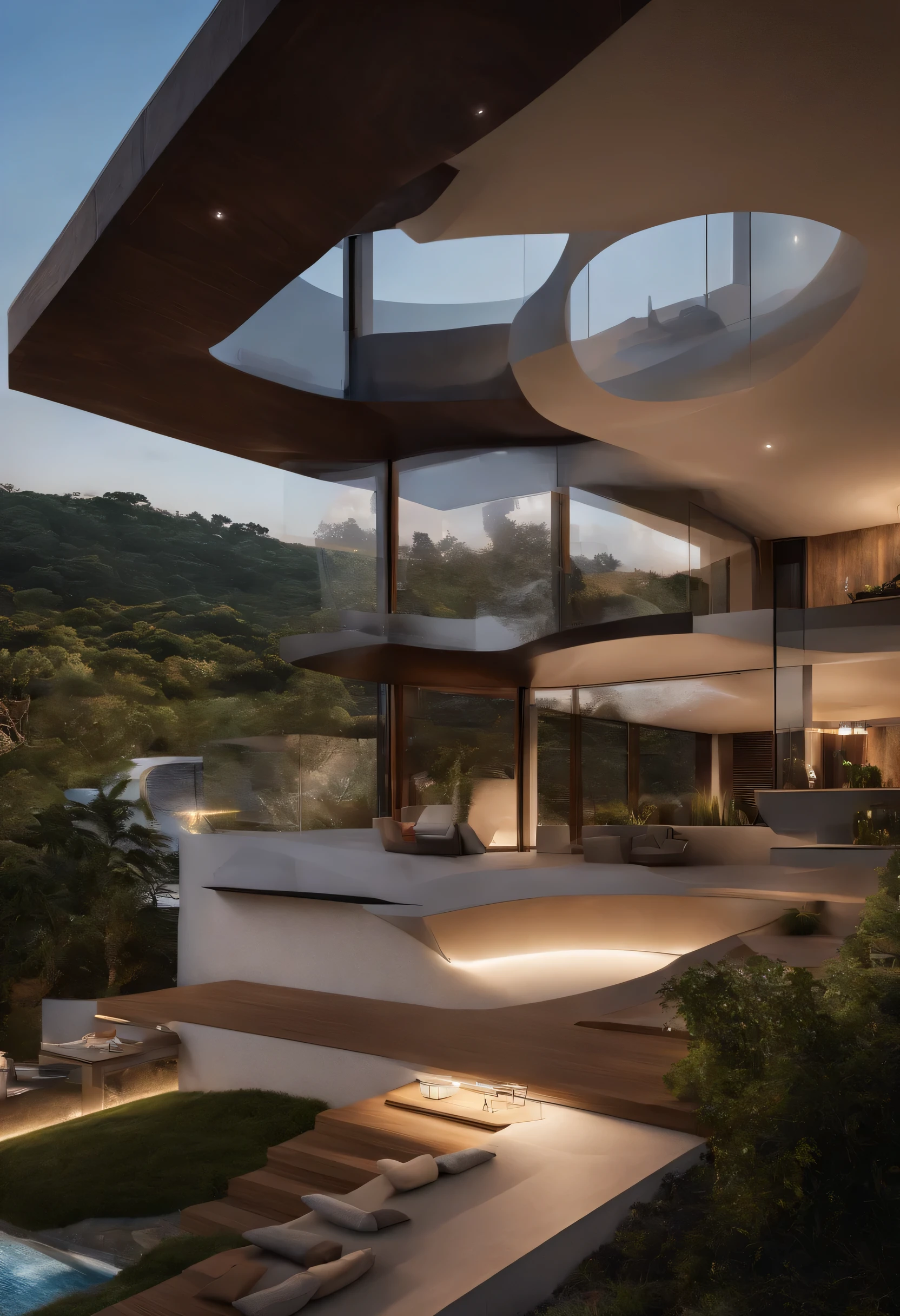 A home with a sense of futuristic technology，three-story building，Facing the mountains，Facing the lake，huge pool，modern architectural style， ultra detailed photography，bulidagem，complicated，shadowing, HighDynamicRange，dynamic lighting, Photorealist, luz suave natural, H low, tmasterpiece, detailed 8k，There are so many details，Large floor-to-ceiling glass，Fusion of technology and natural environment，Tem um look super legal，
