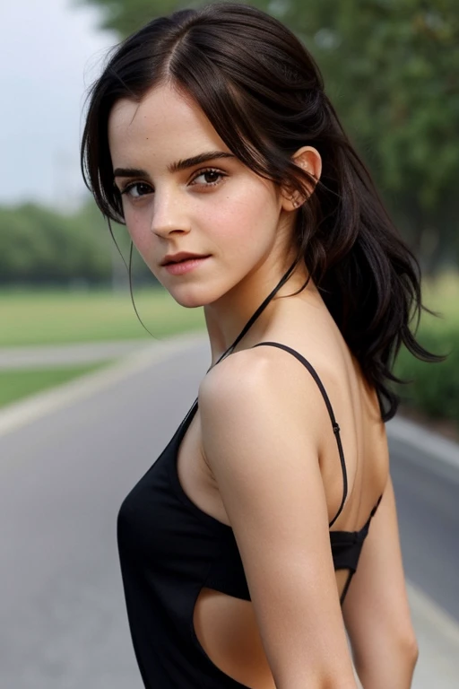 Emma watson cute with (beautiful body) (skinny)( black hair ) (cute and sensual face)(beautiful hair)(model with cute eyes)(clear skin)(with sports clothes)(Beautiful face) nice face and beautiful ass