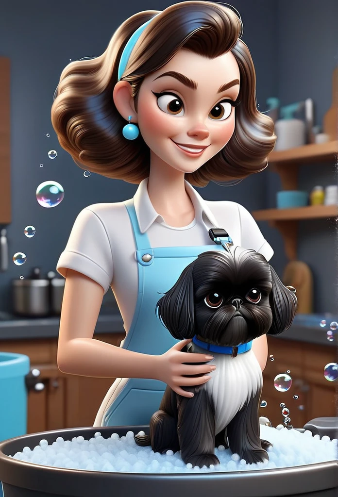 One cute white woman dog groomer with long brown hair, wearing a white T shirt and blue jeans, dog groomer, soaking wet, adorable black black black black black Shih Tzu puppies covered in soap bubbles dog grooming equipment in background 3D Pixar style
undefined, undefined, undefined, undefined, undefined, undefined, undefined, undefined, 