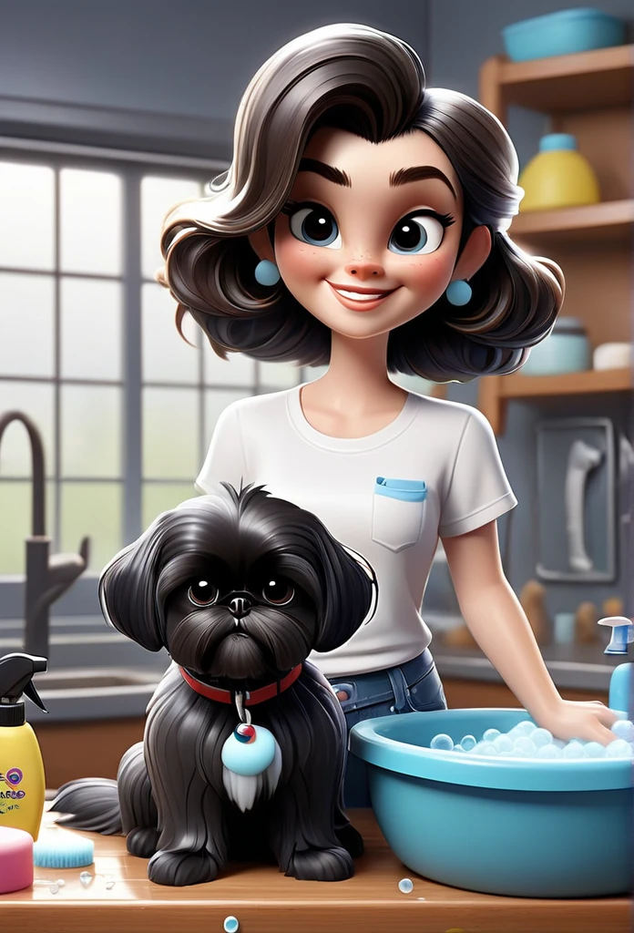 One cute white woman dog groomer with long brown hair, wearing a white T shirt and blue jeans, dog groomer, soaking wet, adorable black black black black black Shih Tzu puppies covered in soap bubbles dog grooming equipment in background 3D Pixar style
undefined, undefined, undefined, undefined, undefined, undefined, undefined, undefined, 