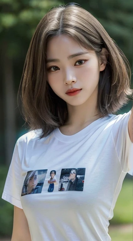 32K, Highest quality, masterpiece, Realistic, Very detailed,  photograph, High resolution, 行photograph, High resolution, Confused, Smoother light, Official Art, Written boundary depth, Bright light,
close, thin, Detailed face, anger, Beautiful details in the eyes, 19 years old Korean, cute, Highest quality real texture skin,
T-Shirts,