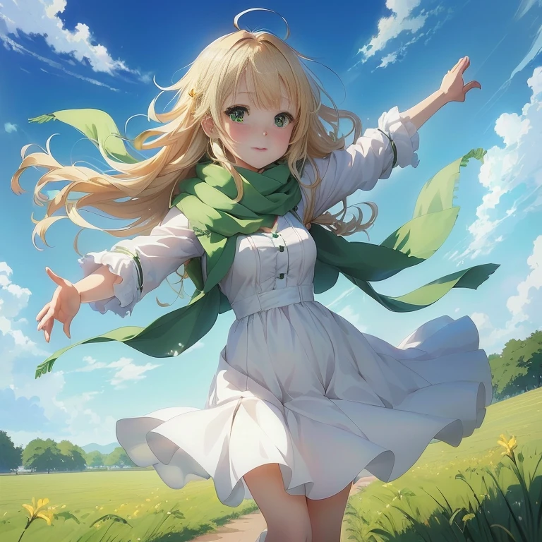 anime girl in a white dress and green scarf walking in a field, anime visual of a cute girl, beautiful anime girl, smooth anime cg art, blonde anime girl with long hair, high quality anime artstyle, official art, cute anime girl, high quality anime art, rin, young anime girl, trending on artstation pixiv, official artwork
