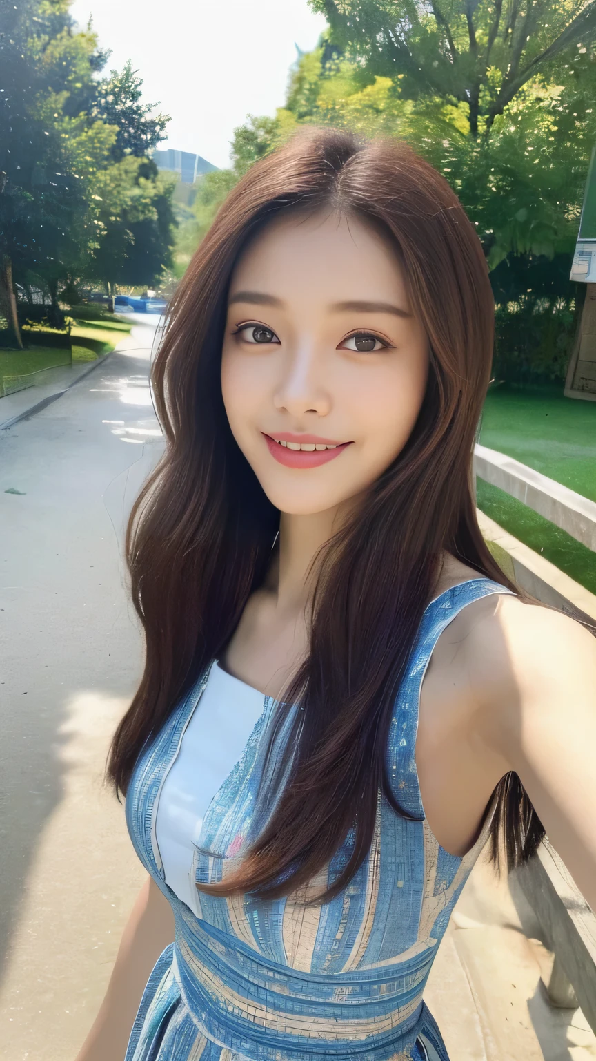 seed:2020674263.((Full body angle:1.1)).((Highest quality, 8k, masterpiece:1.3)), ((from below:1.1)).concentrated:1.2, Perfect body beauty:1.4, Hips:1.2, ((Delicate Hair)), (Colorful waist cinematographed dress :1.1) , ((Highest quality、8k、masterpiece:1.3))、1girl、A sloppy smile、Esbian all over body、Slim face、Big 、Beautiful woman、(Dark Brown Hair)、Long Hair、1.1、Flickering Valley、Detailed eyes、double eyelid、Blurred Background、超Slim face、Smile、Looking down、stroll、((close-up))