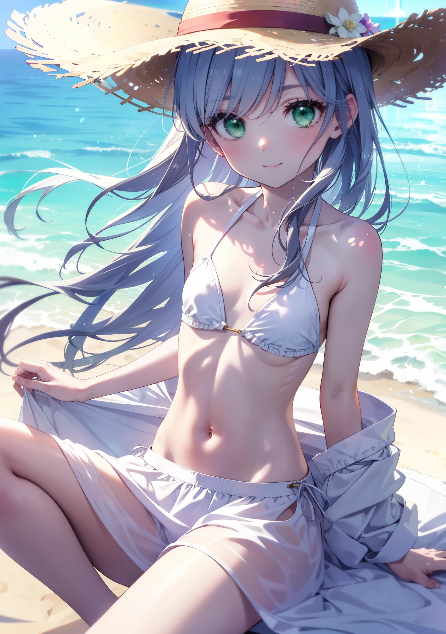 index, index, (Green Eyes:1.5), Silver Hair, Long Hair, (Flat Chest:1.2),happy smile,blush,Straw hat,White string bikini swimsuit,Pareo Swimsuit,A long skirt made of thin fabric tied around the waist,へそ出し whole bodyがイラストに入るように,Strolling on the sandy beach,
break outdoors, Beach,
break looking at viewer, whole body, (Cowboy Shot:1. 5),
break (masterpiece:1.2), Highest quality, High resolution, unity 8k wallpaper,, (shape:0.8), (Beautiful attention to detail:1.6), Highly detailed face, Perfect lighting, Extremely detailed CG, (Perfect hands, Perfect Anatomy),