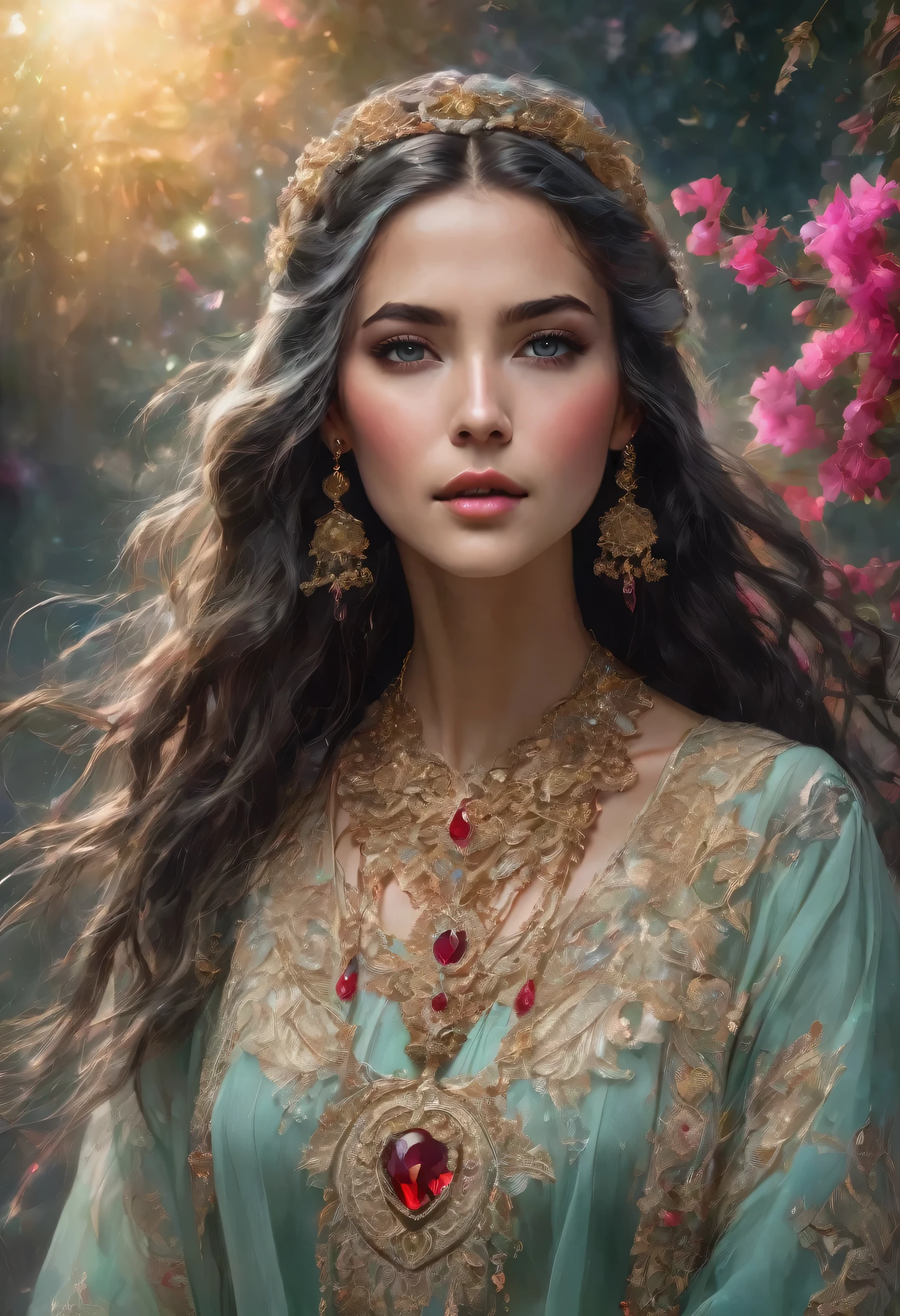 Charming Spanish woman, stunning, slender, Delicate face, Lightly tanned skin, Gray hair, Detailed green eyes, Full lips, Delicate chin, long hair, Braided, upper part of the body, delicate garments in almost transparent fabric, light red with golden embroidery , holds in her hands a ruby crystal heart shaped jewel, shiny, intricate and detailed jewels, looking at the viewer, detailed background, detailed face, (bohoai, boho theme: 1.1) (bright eyes: 1.05), background living star constellation, zodiac, horoscope, at peace, calm, twins, symbolism, astral energy, bright white lights, cosmic light, flower, metaphysics, lighting, stardust, backlighting, cosmic space background, ethereal atmosphere, high quality.