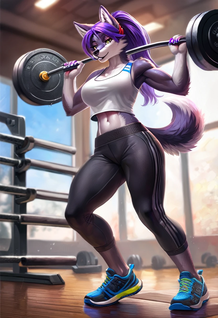 a (kemono wolf woman), personal trainer, long purple hair, bandana, wearing a white tank top and tight pants, sneakers, training with weights in hand, sweaty, fitness body, beautiful detailed eyes, beautiful detailed lips, extremely detailed eyes and face, long eyelashes, digital painting, 8k, highres, masterpiece, ultra-detailed, HDR, UHD, studio lighting, ultra-fine painting, sharp focus, physically-based rendering, extreme detail description, professional, vivid colors, fitness, sports, exercise, workout