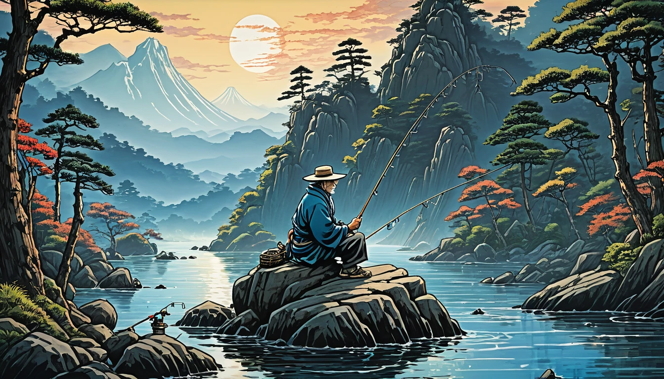 Image of a man in his 50s sitting on a rock with a fishing rod, Painting by Dan Mumford, Studio Ghibli and Mumford, El Bosco and Dan Mumford, By Dan Mumford, japanese woodblock print style, inspired by Utagawa Hiroshige II, katsushika Hokusai style, Japanese art style, Hokusai style, Dan Mumford and Albert Bierstadt