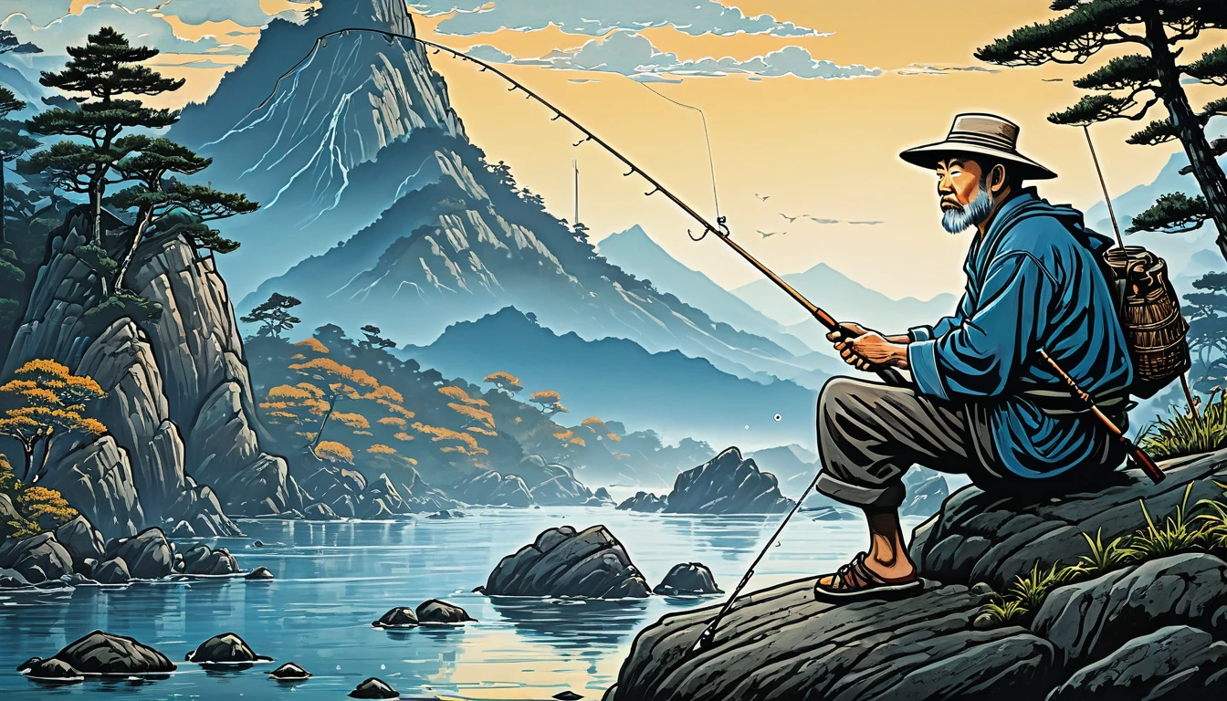 Image of a man in his 50s sitting on a rock with a fishing rod, Painting by Dan Mumford, Studio Ghibli and Mumford, El Bosco and Dan Mumford, By Dan Mumford, japanese woodblock print style, inspired by Utagawa Hiroshige II, katsushika Hokusai style, Japanese art style, Hokusai style, Dan Mumford and Albert Bierstadt