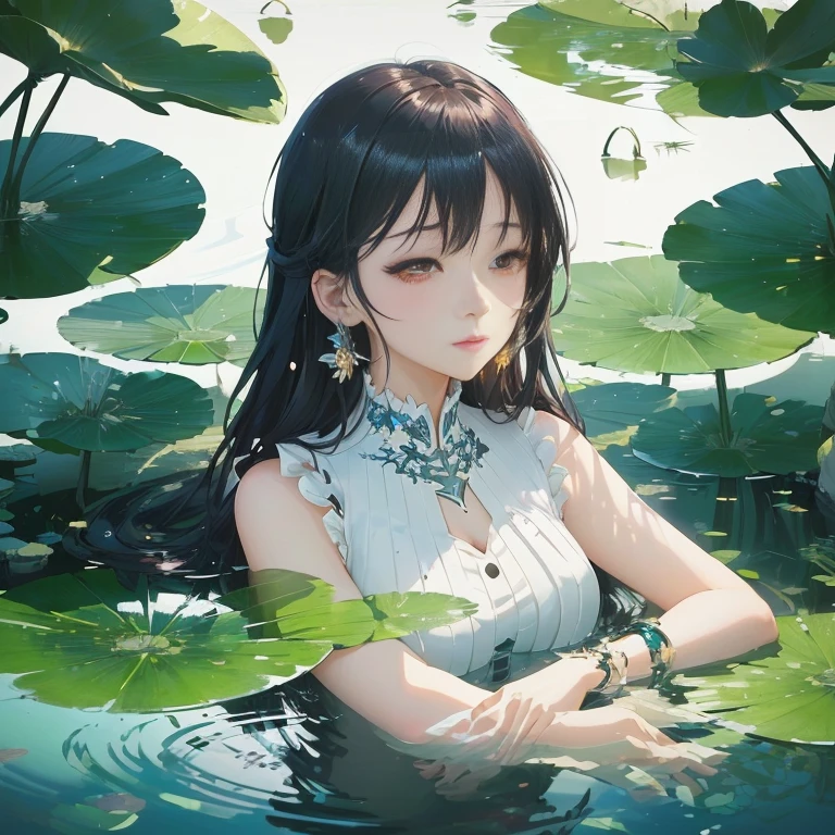anime girl in a white dress sitting in a pond of water, artwork in the style of guweiz, guweiz, guweiz on pixiv artstation, guweiz on artstation pixiv, beautiful anime artwork, guweiz masterpiece, smooth anime cg art, beautiful anime girl, detailed digital anime art, anime style 4 k, beautiful anime