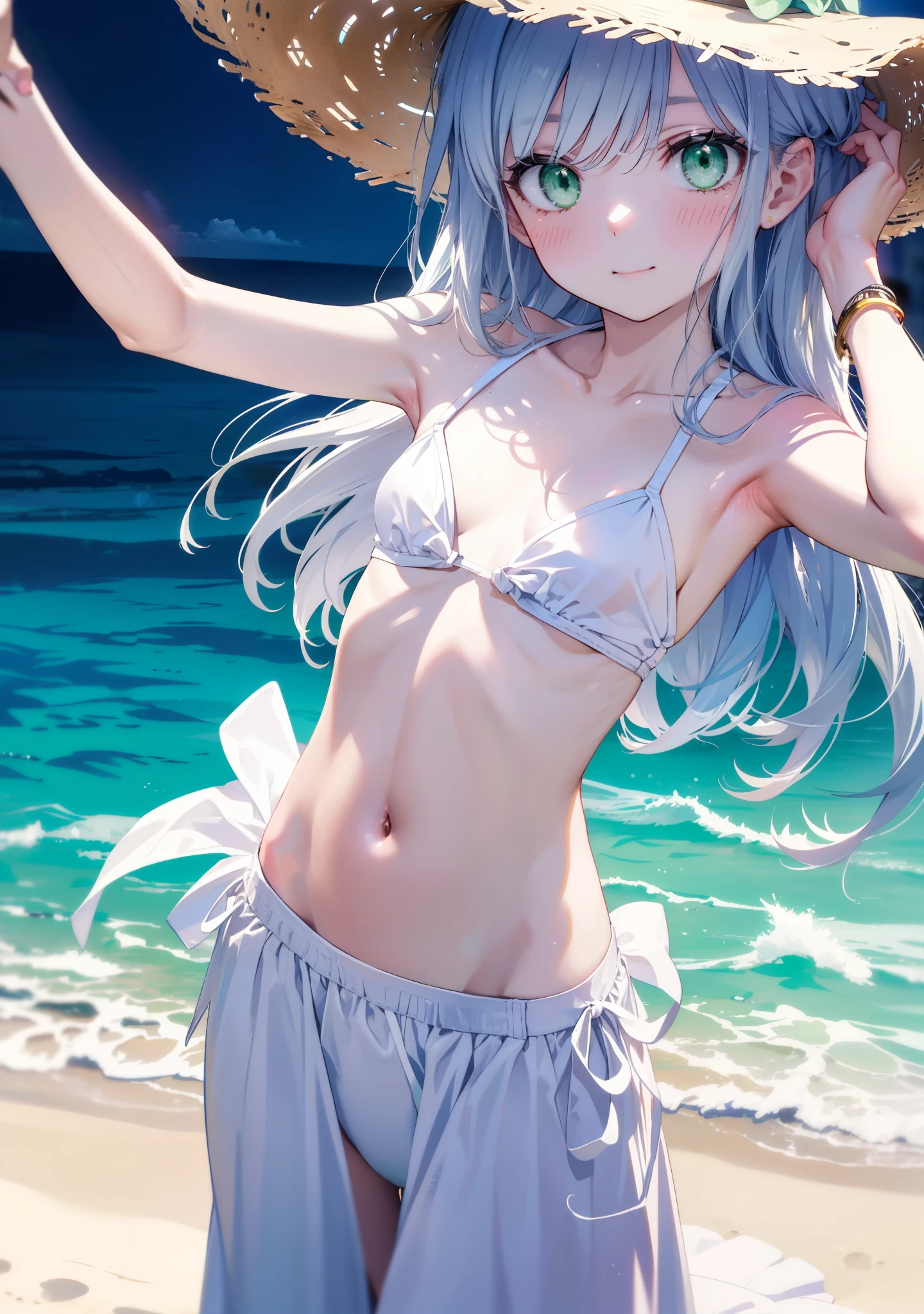index, index, (Green Eyes:1.5), Silver Hair, Long Hair, (Flat Chest:1.2),happy smile,blush,Straw hat,White string bikini swimsuit,Pareo Swimsuit,A long skirt made of thin fabric tied around the waist,へそ出し whole bodyがイラストに入るように,Strolling on the sandy beach,
break outdoors, Beach,
break looking at viewer, whole body, (Cowboy Shot:1. 5),
break (masterpiece:1.2), Highest quality, High resolution, unity 8k wallpaper,, (shape:0.8), (Beautiful attention to detail:1.6), Highly detailed face, Perfect lighting, Extremely detailed CG, (Perfect hands, Perfect Anatomy),