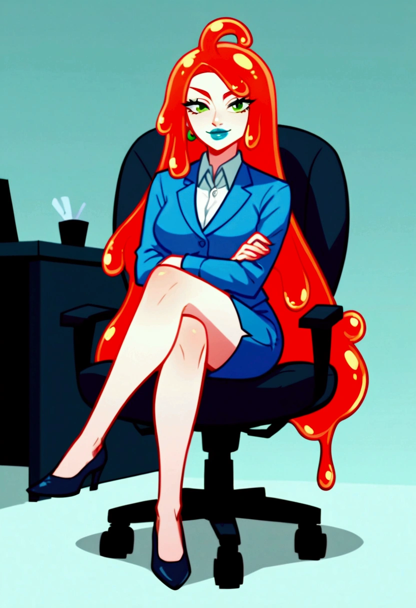 score_9, score_8_up, score_7_up, score_6_up, BREAK source_anime, A cute sexy slime girl sitting in an office, (alone), White skin, full lips, very long hair, Red hair, green eyes, blue painted lips, smirk, office worker clothes, crossed legs, anime screencap,  body, full body shot, slime girl, slimegirlsupremacy, slimegirlsfw