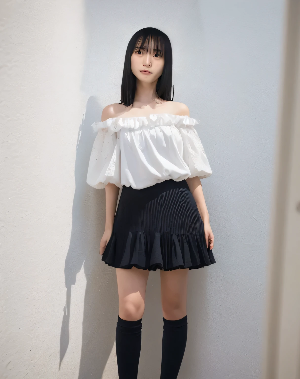 Super detailed,Highest quality,1 high school girl,Dress, irregular design, frills, 2-way, square neck, off-shoulder, puff sleeves, A-line,Standing in a room with white walls,illuminated by sunlight from the window,Posing for a photo,The distant background is blurred