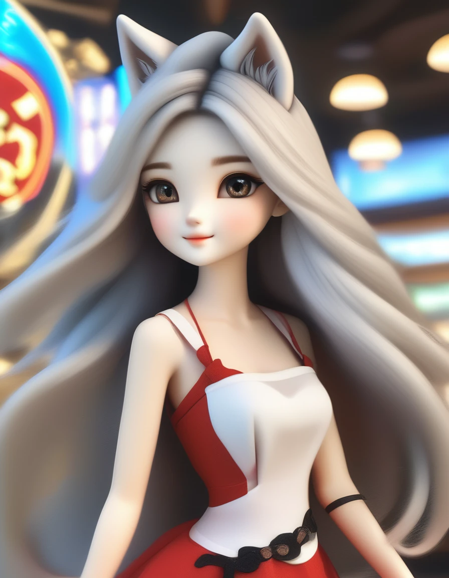 Cowboy Shot、A human-wolf hybrid girl、(Beautiful detailed wolf face:2.0)、beard、Long grey hair、Beautiful detailed skin、Slim fit body、Large Breasts、Six Pack Abs、Bunny Girl Costume、Bunny ears、Raise two hands to show armpits、Casino Background、 (Highest quality、4K、8k、High Resolution、masterpiece:1.2)、Super detailed、(Real、Photorealistic、Photorealistic:1.37)、Detailed eyes、Detailed face、gorgeous、elegant、Impression