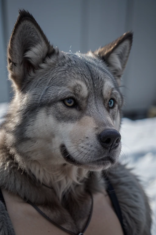 Ice blue-eyed iron wolf with gray fur and a cut on its eye