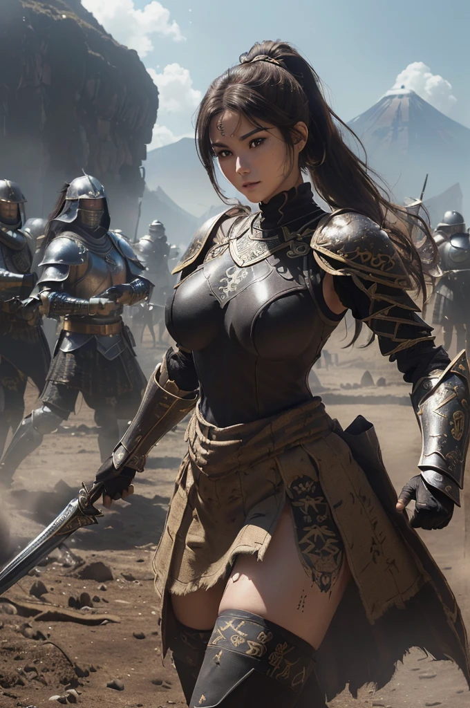very very beautiful woman、very tall woman、((Logic))、(face detailed)(((breasts big)))、realisitic Skin、((Knattas of the Earth)), (((Light brown and black armor:1.25)))、((((非常に繊細で装飾が施されたLight brown and black armor))))、((delicate photo)),(Asstepeace girl RAW photo details:1.25), (highest quallity:1.6), (ultra-high resolution:1.5), (realisitic:1.75), 8K resolution, Canon EOS R5, 50mm, absurdrez, super verbose,Cinema lighting,Battlefields of Medieval Europe、((fight))、rpg world、final-fantasy、(((Decorative skirt)))、thigh high socks、tiling、natta、((((Messy High Ponytail with Center Part))))、((Get a torn package of seanto、((beautiful armor))、(((Huge weapons)))、In combat、the wind is blowing、(((Leading a large group of knattas:1.3)))、(((Knatta Commander)))、(flag)、Monkey coat of arms、(((The main color is light brown)))、(((black tribal tattoos)))、dust、(((vestindo pele)))、(rocky area)、(((battle scenes)))