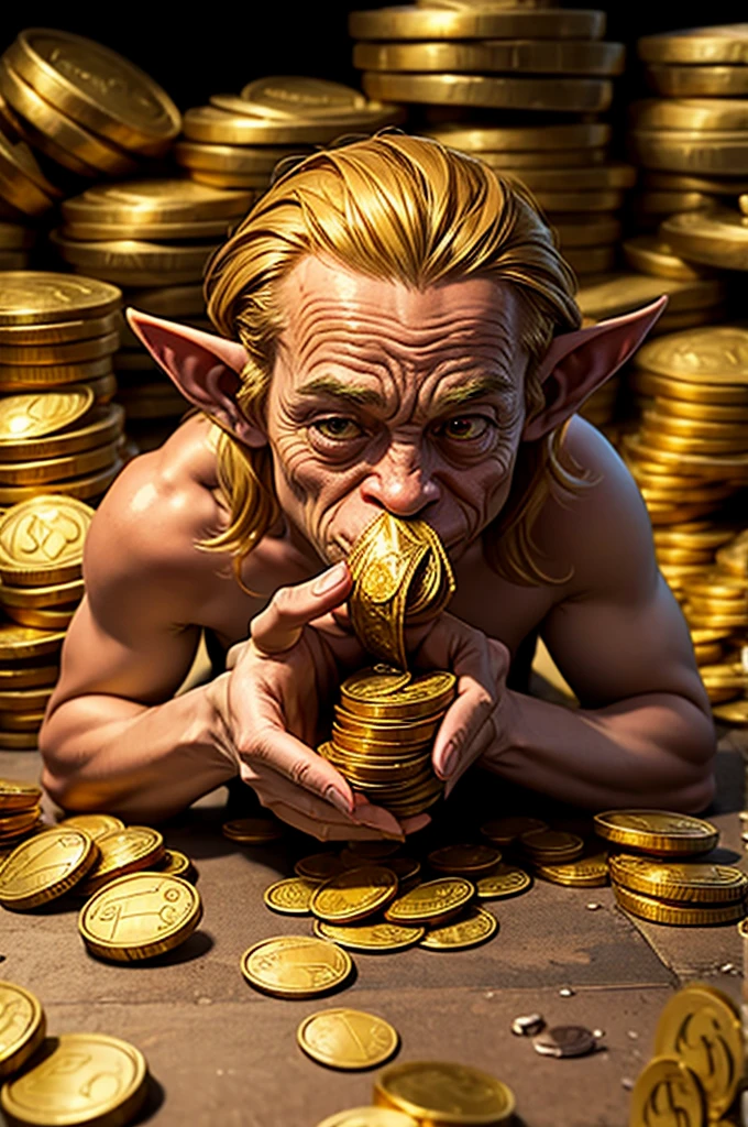 Goblin eating money, and surrounded by pile of gold coins 
