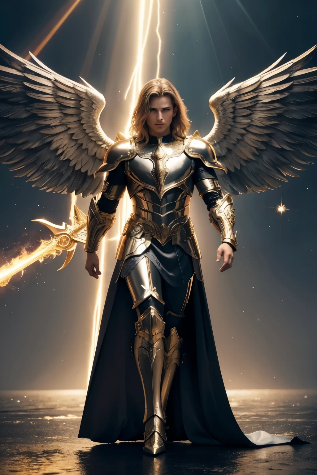 Archangel Michael in a majestic and heroic pose. He's dressed in shiny armor, with intricate details in gold and silver. Its wings are huge and imposing, with bright feathers that reflect light. In the right hand, he holds a flaming sword, and on the left, a shield adorned with angelic symbols. The background is a dramatic sky, with dark clouds and rays of light penetrating. At dinner it transmits power, courage and divinity, with a realistic and detailed style.