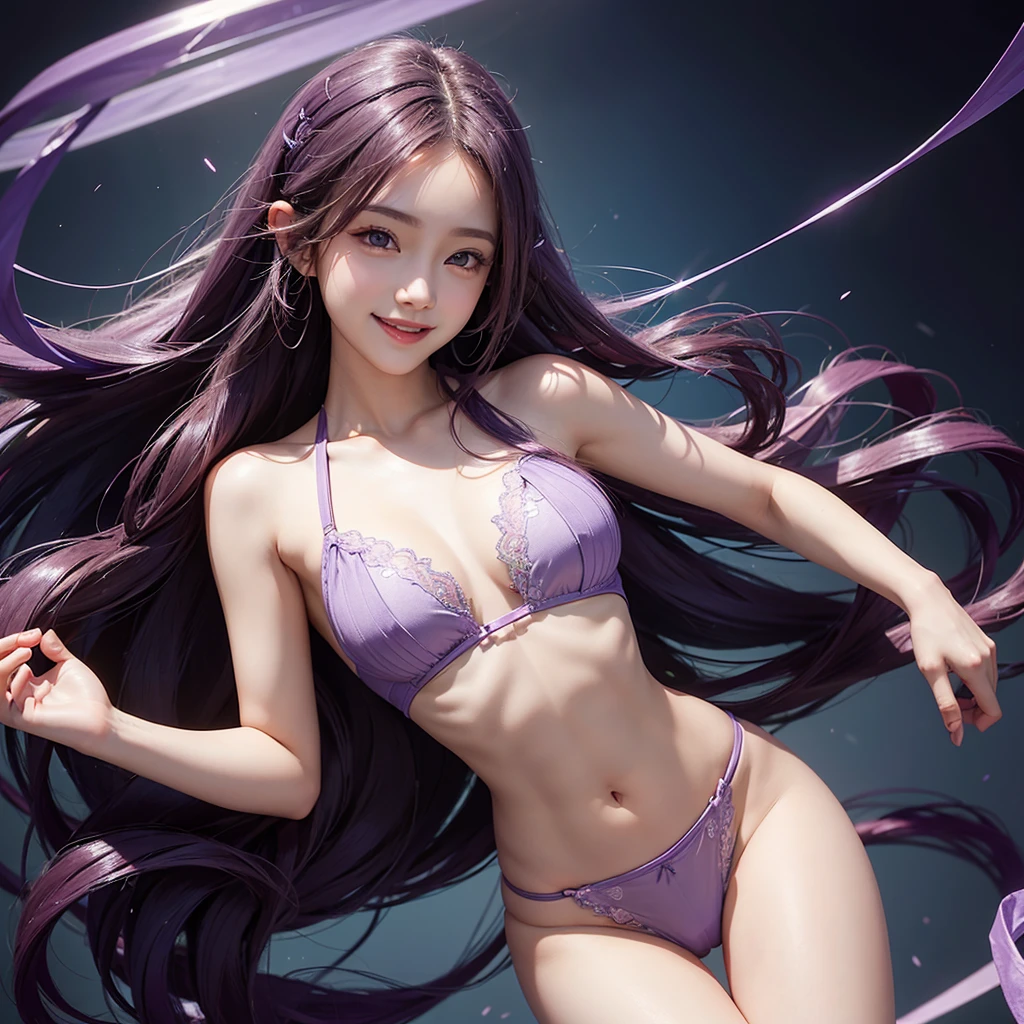 A beautiful sexy little woman,Great figure,Purple long hair,Smiling,Wear transparent underwear on the upper body,The lower body is transparent,Chest firm