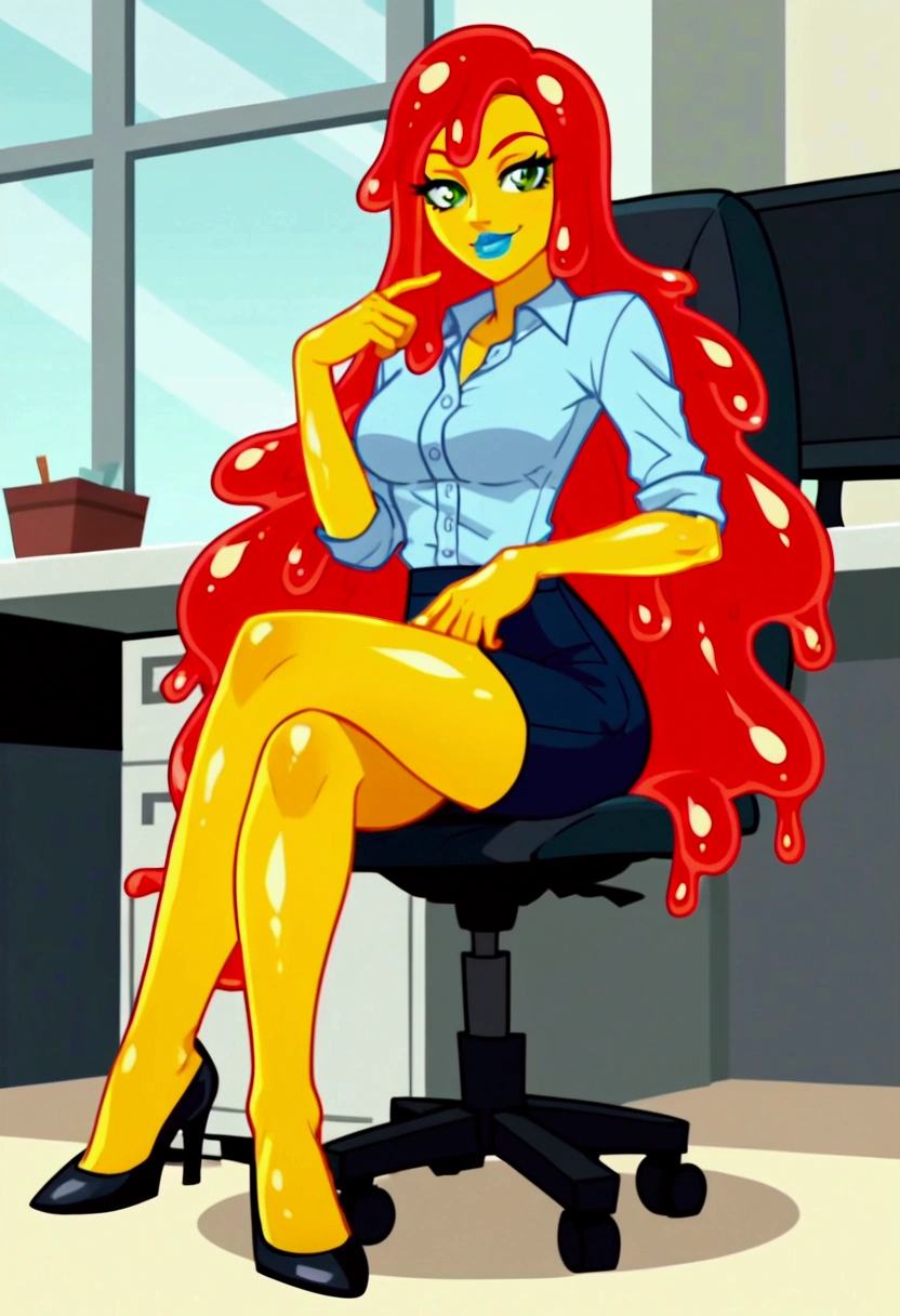score_9, score_8_up, score_7_up, score_6_up, BREAK source_anime, A cute sexy slime girl sitting in an office, (alone), yellow skin, full lips, very long hair, Red hair, green eyes, blue painted lips, smirk, office worker clothes, black heels, crossed legs, anime screencap, erotic body, full body shot, slime girl, slimegirlsupremacy, slimegirlsfw