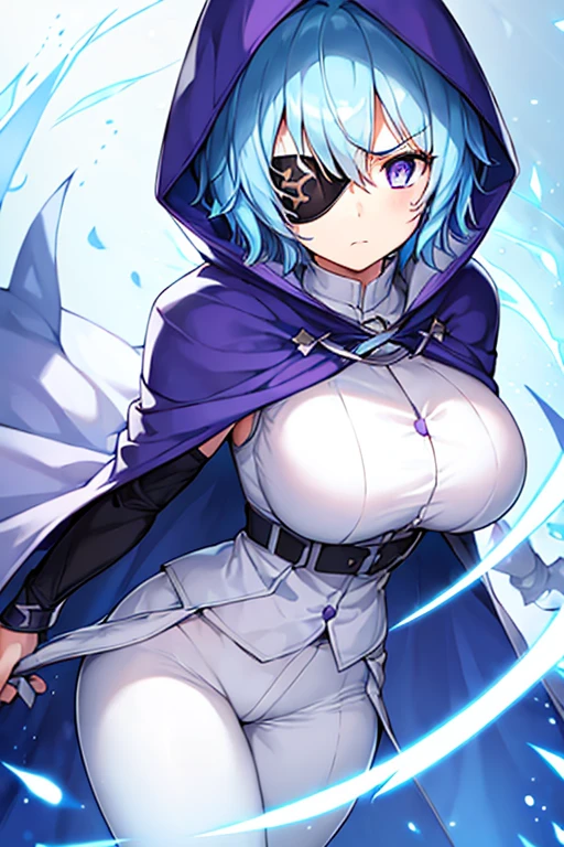 1girl, large breasts, light blue hair, purple eyes, one eye covered, eyepatch, ((eyepatch)), short hair, glowing eyes, angry, mad, cloak, white cloak, white hood, white cape, cape, belt, white pants, white clothes, hood up, pants, ((pants))