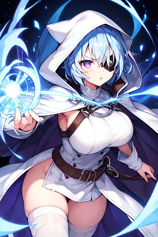 1girl, large breasts, light blue hair, purple eyes, one eye covered, eyepatch, ((eyepatch)), short hair, glowing eyes, angry, mad, cloak, white cloak, white hood, white cape, cape, belt, white pants, white clothes, hood up, pants, ((pants))