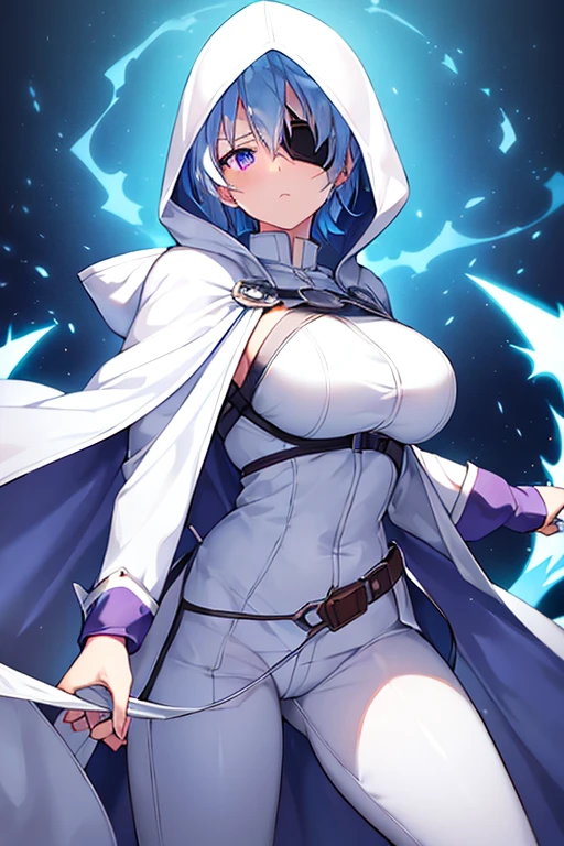 1girl, large breasts, light blue hair, purple eyes, one eye covered, eyepatch, ((eyepatch)), short hair, glowing eyes, angry, mad, cloak, white cloak, white hood, white cape, cape, belt, white pants, white clothes, hood up, pants, ((pants))