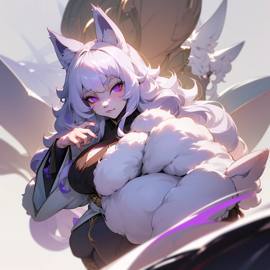 (ultra quality)), Beastamen, ((humanoid wolf)), ((furry)), ((masterpiece)), ((long white curly fur)), ((Curly fluffy fur)), ((half rabbit)), ((White hair)), (beautiful face), (beautiful female lips), charming, threatening, ((calm facial expression)), looks at the camera with a slight smile, (White skin color), (White skin), glow on the body, ((detailed eyes)), ((violet eyes)), (juicy female lips), (dark eyeliner), (beautiful female hands), ((thick body)), ideal female body, beautiful waist, beautiful big hips, big breasts, thick thighs, ((kimono)) ((threatening y hermosa)), ((wolf ears)) ((long fluffy wolf tail)) (), ((Next to a huge white wolf)), ((depth of field)), ((high quality clear image)), (delete details), ((High detail)), ((clear focus))