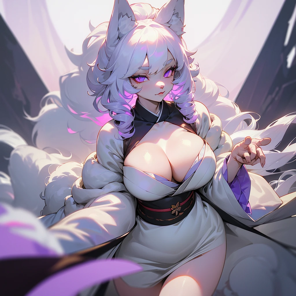 (ultra quality)), Beastamen, ((humanoid wolf)), ((furry)), ((masterpiece)), ((long white curly fur)), ((Curly fluffy fur)), ((half rabbit)), ((White hair)), (beautiful face), (beautiful female lips), charming, threatening, ((calm facial expression)), looks at the camera with a slight smile, (White skin color), (White skin), glow on the body, ((detailed eyes)), ((violet eyes)), (juicy female lips), (dark eyeliner), (beautiful female hands), ((thick body)), ideal female body, beautiful waist, beautiful big hips, big breasts, thick thighs, ((kimono)) ((threatening y hermosa)), ((wolf ears)) ((long fluffy wolf tail)) (), ((Next to a huge white wolf)), ((depth of field)), ((high quality clear image)), (delete details), ((High detail)), ((clear focus))