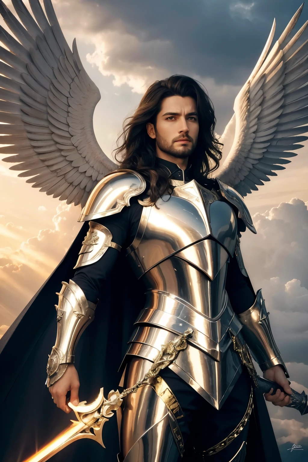 Archangel Michael in a majestic and heroic pose. He's dressed in shiny armor, with intricate details in gold and silver. Its wings are huge and imposing, with bright feathers that reflect light. In the right hand, he holds a flaming sword, and on the left, a shield adorned with angelic symbols. The background is a dramatic sky, with dark clouds and rays of light penetrating. At dinner it transmits power, courage and divinity, with a realistic and detailed style.