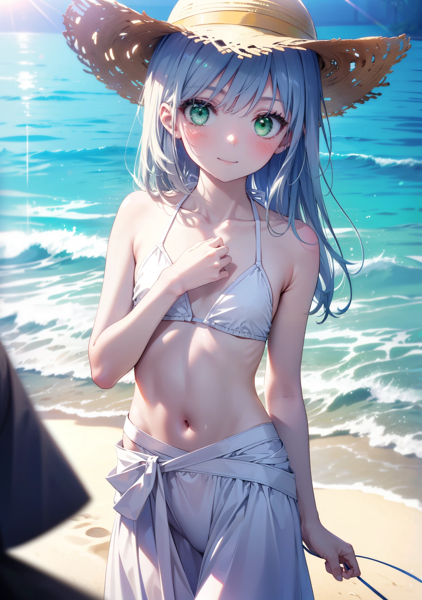 index, index, (Green Eyes:1.5), Silver Hair, Long Hair, (Flat Chest:1.2),happy smile,blush,Straw hat,White string bikini swimsuit,Pareo Swimsuit,A long skirt made of thin fabric tied around the waist,へそ出し whole bodyがイラストに入るように,Strolling on the sandy beach,
break outdoors, Beach,
break looking at viewer, whole body, (Cowboy Shot:1. 5),
break (masterpiece:1.2), Highest quality, High resolution, unity 8k wallpaper,, (shape:0.8), (Beautiful attention to detail:1.6), Highly detailed face, Perfect lighting, Extremely detailed CG, (Perfect hands, Perfect Anatomy),