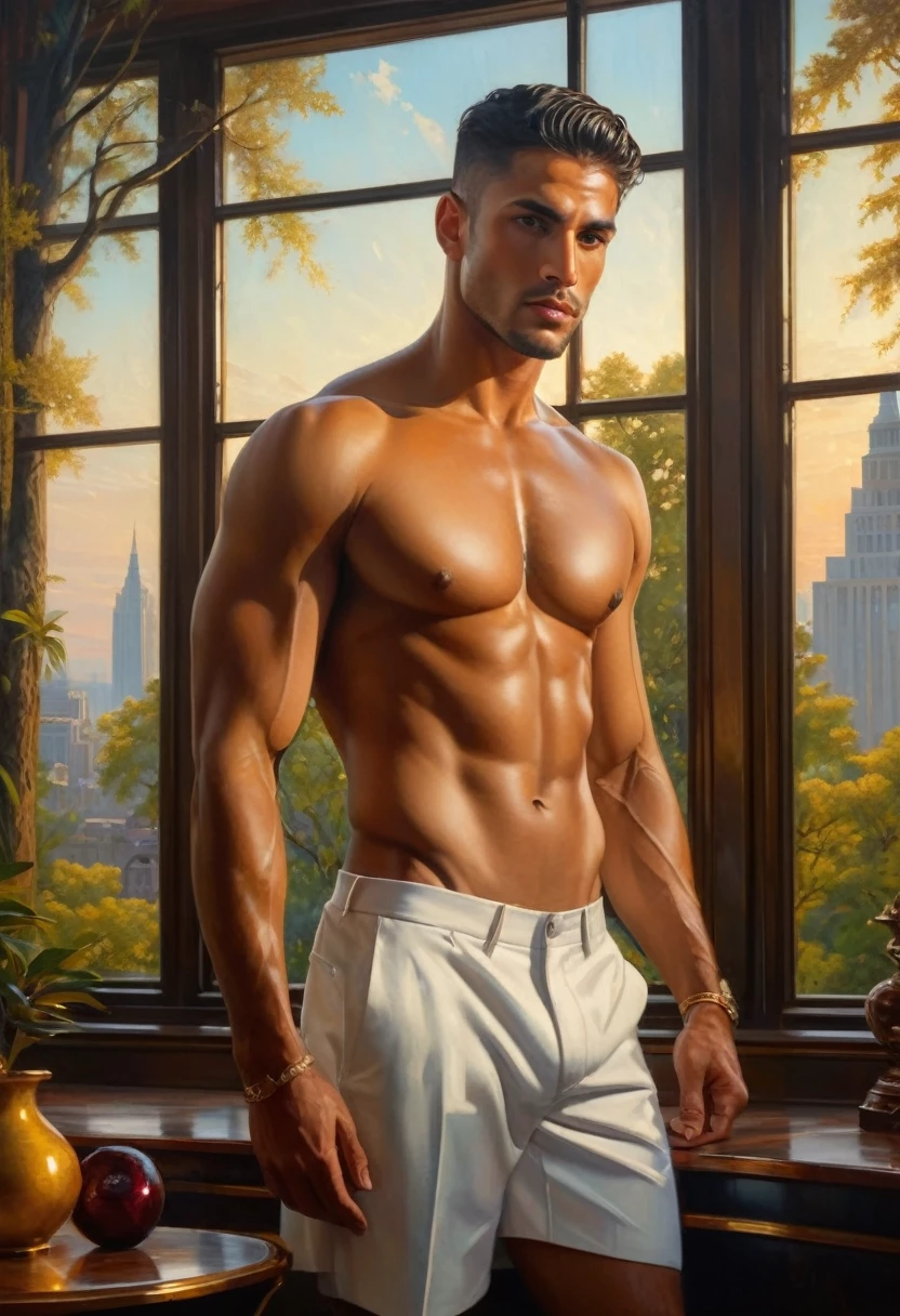 Generate image with a theme of beauty and masculine strength in an conection with power love for richness that includes elements such as elegant fuiniture, fancy deco in pastel colors that inspire power, luxury, rich, Intense Look at a fancy room: The man shirtless, barefoot, confident gaze, looking directly at the camera among the trees. The light filtered through the window enhances its expression. Elements: art deco fuiniture and room, large window to see the night city by Aaron Horkey and Jeremy Mann, masterpiece, best quality, Photorealistic, ultra-high resolution, photographic light, illustration by MSchiffer, fairytale, Hyper detailed A mixture of photography and painting, simetryc Composition, Perfect Divine Proportione, 8k resolution fullbody image,(( view from above)) ((full body)) , oil painting intense dark hard colors palette The subject is a Latin man, cinnamon skin, toned muscular slender body, beautiful fine symmetrical face, black eyes, Roman nose, square jaw, diamond face shaped, tall, skin realism, hyperrealism oil painting, he is naked shirtless, pantless, barefoot, big vulge, erected penis, focus pec abs legs sholders, perfect anatomy, perfect proportions Young man, perfect anatomy, , energetic splendid, Barefoot, naked, small flacid penis, slim and detailed muscles, shirtless, pantless, fullbody, wearing sandals, the composition of shadows and lights give an atmosphere of spaciousness,
