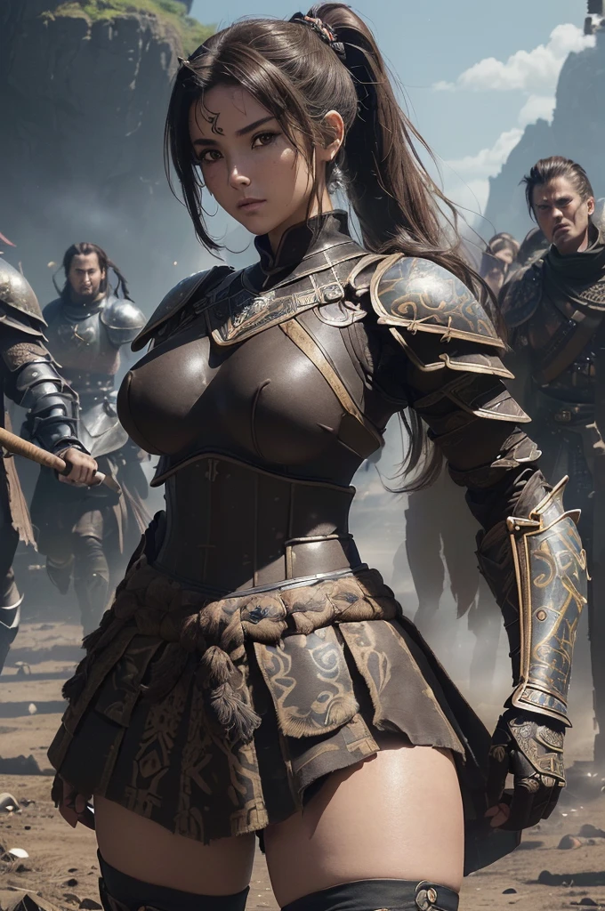 very very beautiful woman、very tall woman、((Logic))、(face detailed)(((breasts big)))、realisitic Skin、((Knattas of the Earth)), (((Light brown and black armor:1.25)))、((((非常に繊細で装飾が施されたLight brown and black armor))))、((delicate photo)),(Asstepeace girl RAW photo details:1.25), (highest quallity:1.6), (ultra-high resolution:1.5), (realisitic:1.75), 8K resolution, Canon EOS R5, 50mm, absurdrez, super verbose,Cinema lighting,Battlefields of Medieval Europe、((fight))、rpg world、final-fantasy、(((Decorative skirt)))、thigh high socks、tiling、natta、((((Messy High Ponytail with Center Part))))、((Get a torn package of seanto、((beautiful armor))、(((Huge weapons)))、In combat、the wind is blowing、(((Leading a large group of knattas:1.3)))、(((Knatta Commander)))、(flag)、Monkey coat of arms、(((The main color is light brown)))、(((black tribal tattoos)))、dust、(((vestindo pele)))、(rocky area)、(((battle scenes)))