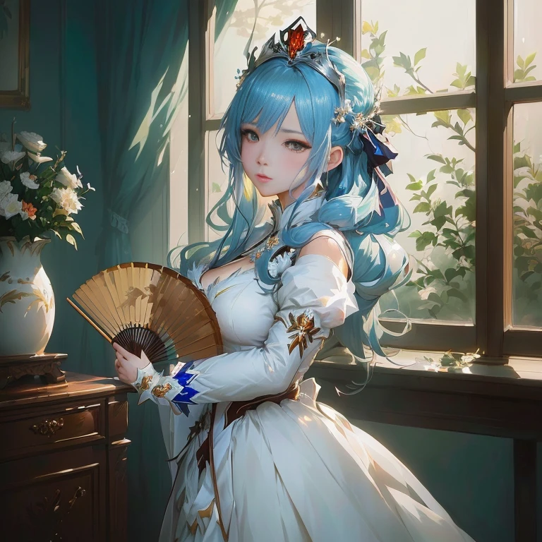 anime girl in white dress holding a fan near a window, artwork in the style of guweiz, guweiz on pixiv artstation, royal elegant pose, guweiz on artstation pixiv, cushart krenz key art feminine, trending on artstation pixiv, ((a beautiful fantasy empress)), 8k high quality detailed art