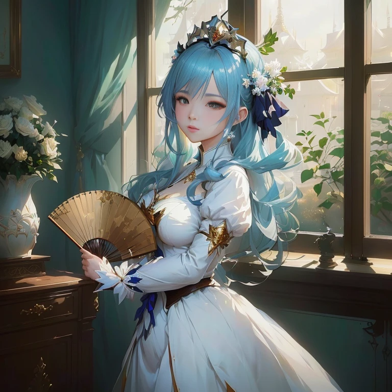 anime girl in white dress holding a fan near a window, artwork in the style of guweiz, guweiz on pixiv artstation, royal elegant pose, guweiz on artstation pixiv, cushart krenz key art feminine, trending on artstation pixiv, ((a beautiful fantasy empress)), 8k high quality detailed art