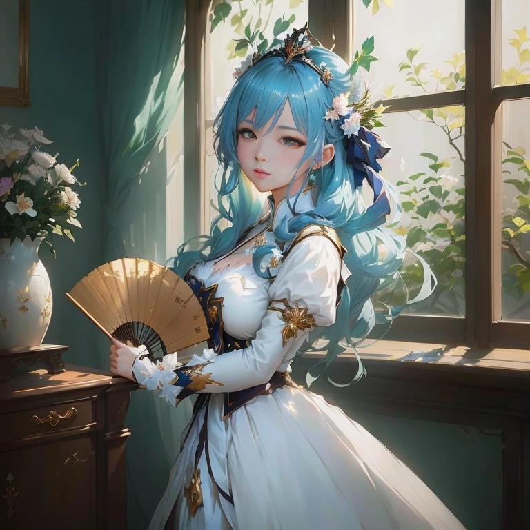 anime girl in white dress holding a fan near a window, artwork in the style of guweiz, guweiz on pixiv artstation, royal elegant pose, guweiz on artstation pixiv, cushart krenz key art feminine, trending on artstation pixiv, ((a beautiful fantasy empress)), 8k high quality detailed art