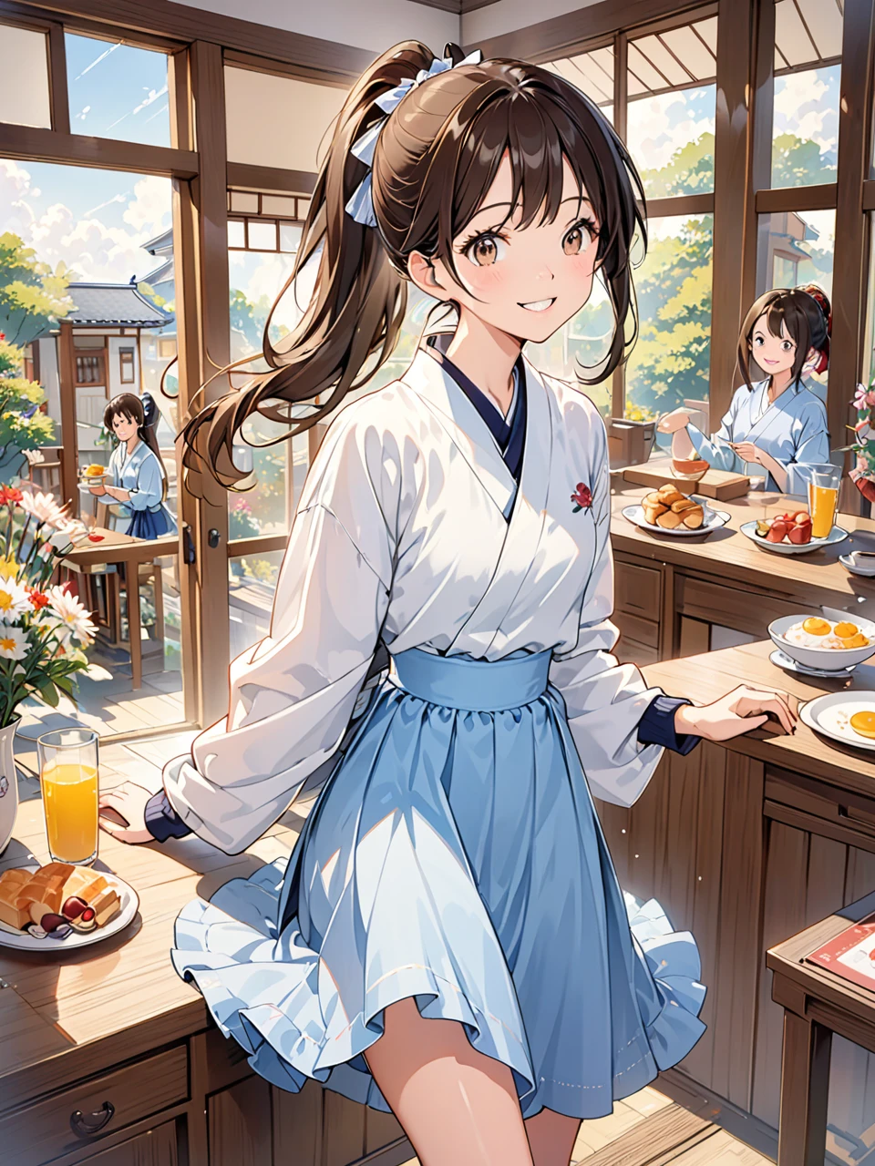 Highest quality, Highest quality, 16K, Unbelievably absurd, Very detailed, 2.5D, delicate and dynamic,Japanese women,18-year-old,cute,university student,one piece,skirt,ponytail,Brown Hair,Shiny Hair,smile,Wink,Inside the house,breakfast