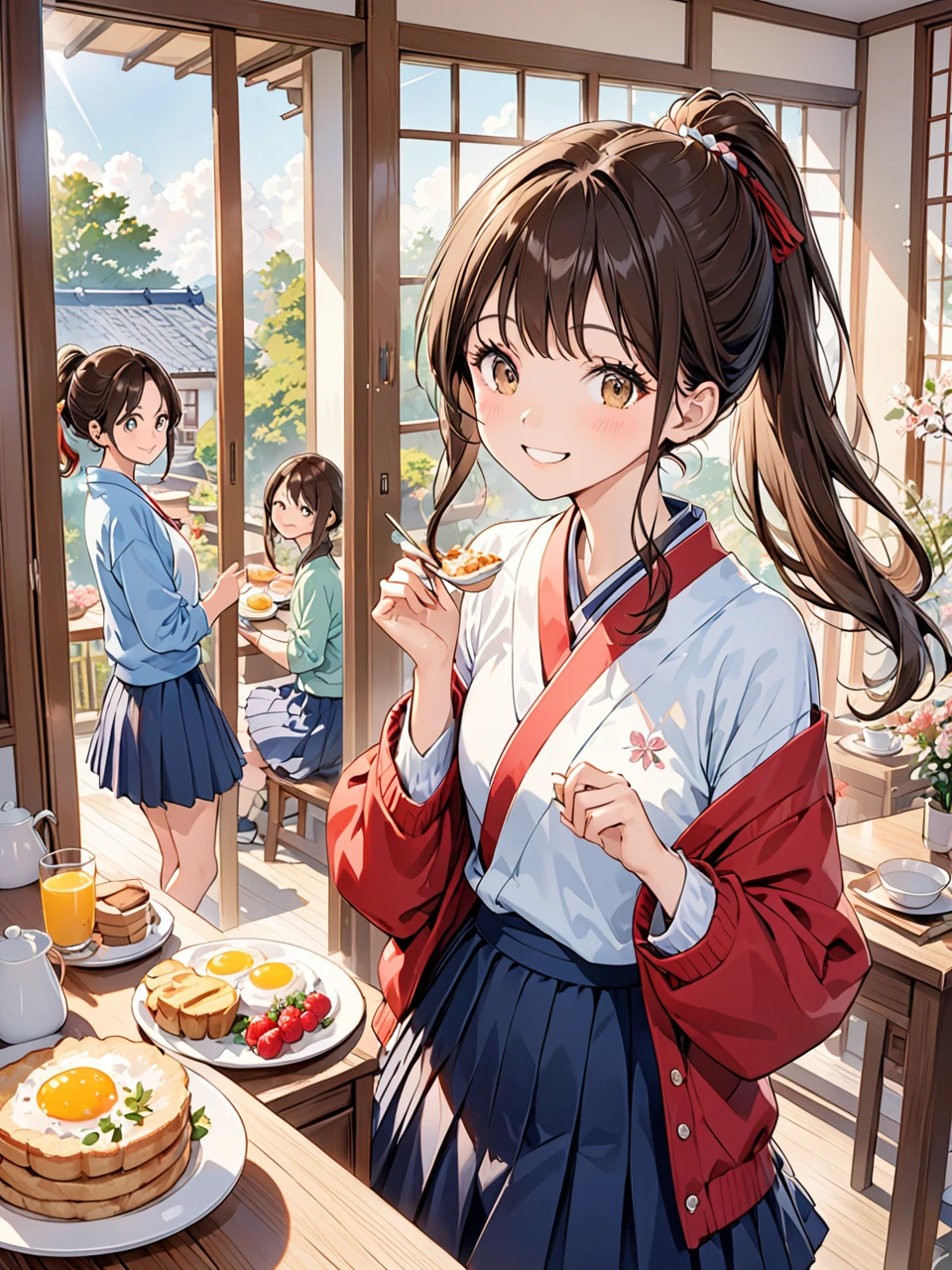 Highest quality, Highest quality, 16K, Unbelievably absurd, Very detailed, 2.5D, delicate and dynamic,Japanese women,18-year-old,cute,university student,one piece,skirt,ponytail,Brown Hair,Shiny Hair,smile,Wink,Inside the house,breakfast